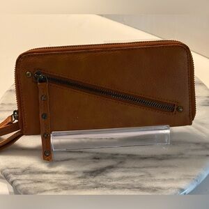 Free People Brown Vegan Leather Wristlet Wallet 8x4 Zip Around Closure CC Slots